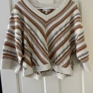 Striped V-Neck Sweater - Beige and White